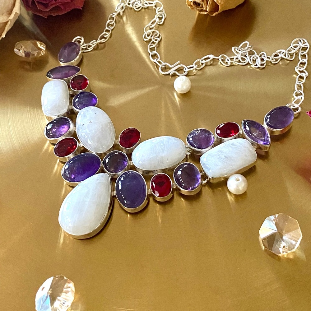 Rainbow Moonstone, Amethyst And Garnet Cluster Necklace - Picture 5 of 13